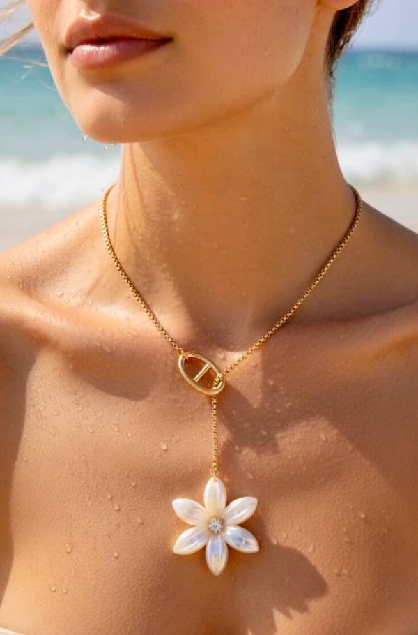 ✨ Collier chaîne coulissante – hibiscus & maille marine ✨