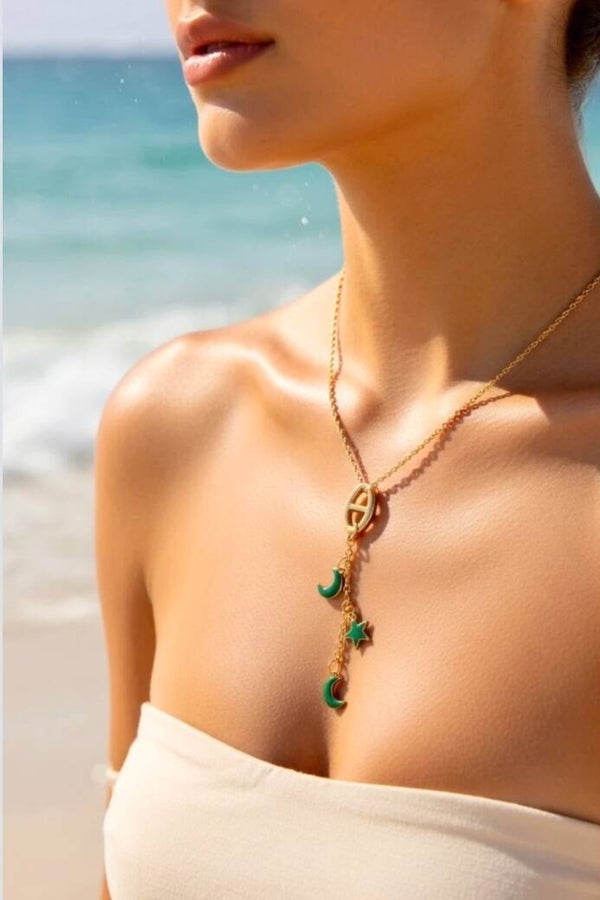 ✨🌙 NOUVEAUTÉ – Collier Chaîne Y Maille Marine Étoiles & Lunes Dorées 🌙✨