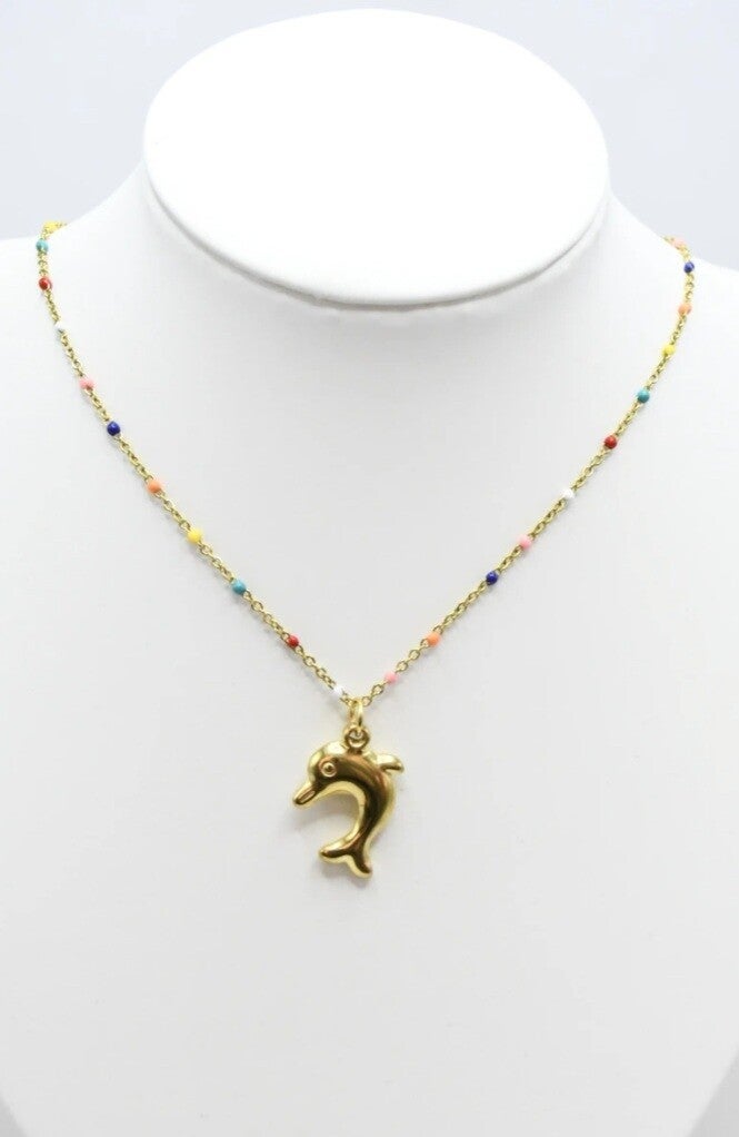 🐬 Collier dauphin doré & argenté – perles colorées ajustable