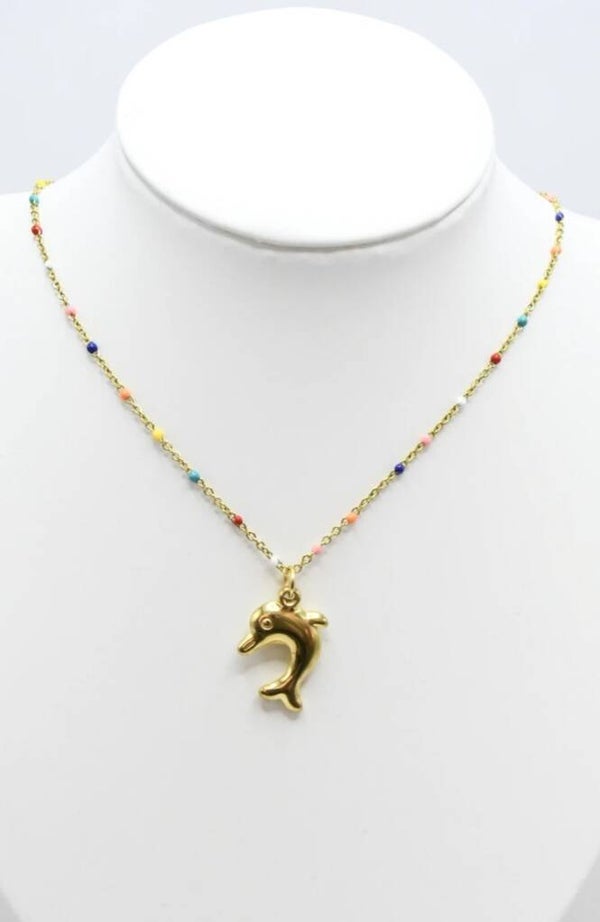 🐬 Collier dauphin doré & argenté – perles colorées ajustable