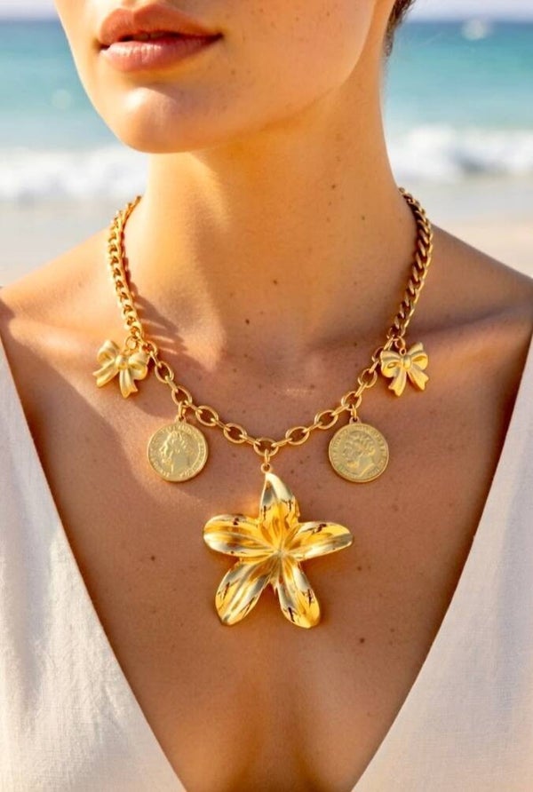 ✨ Collier XL breloque fleur – doré ✨