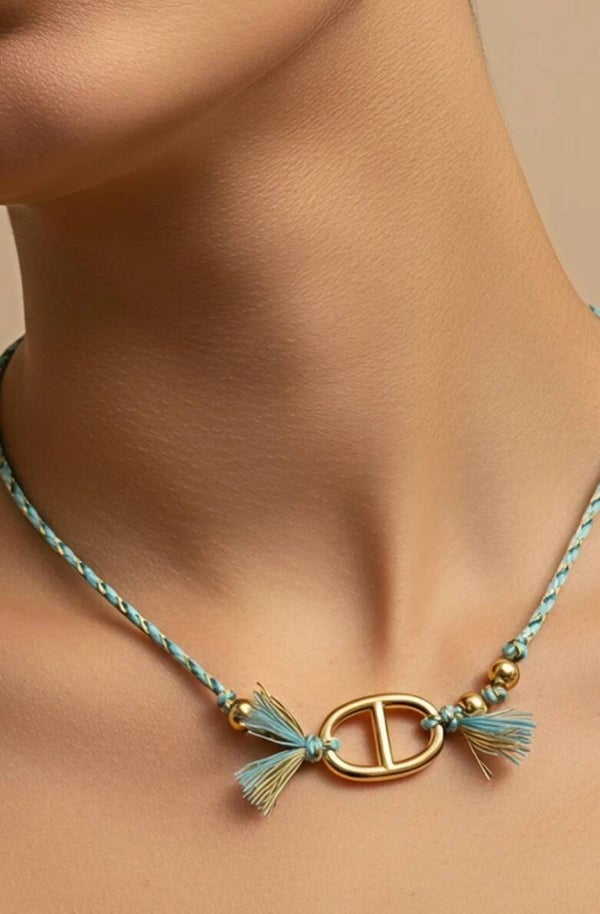 ✨💛 Collier Cordon Fil d’Or – Perles & Maille Marine 💛✨
