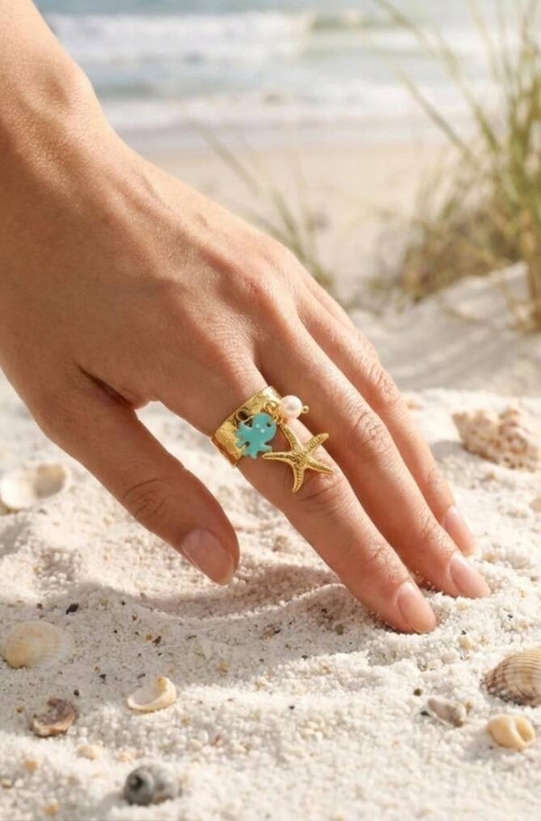 🌊 Bague “Enjoy” breloques mer – dorée 🌊