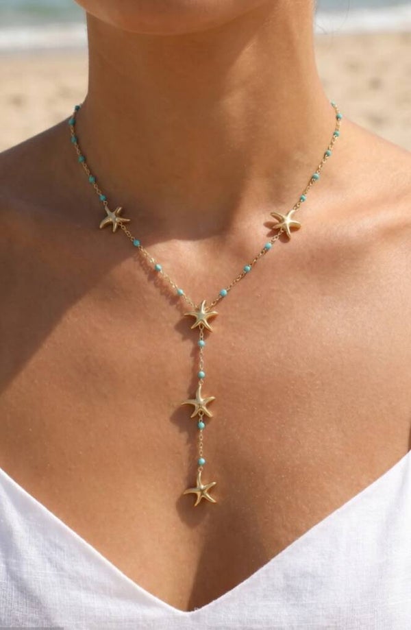 ✨ Collier en Y doré – Perles colorées & étoiles de mer ✨