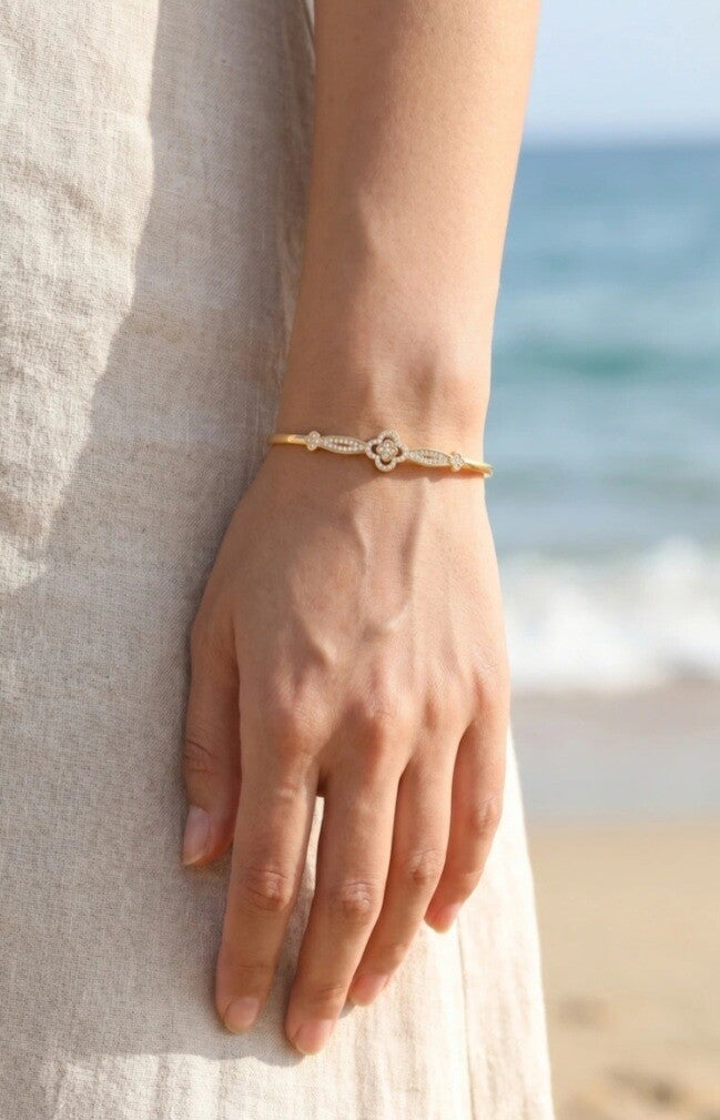 ✨ Bracelet Jonc Trèfles Strass Doré & Argenté ✨