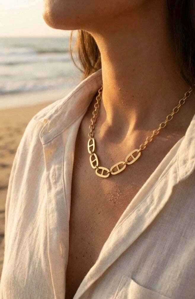 ✨ Collier doré gros maillons & maille marine ✨