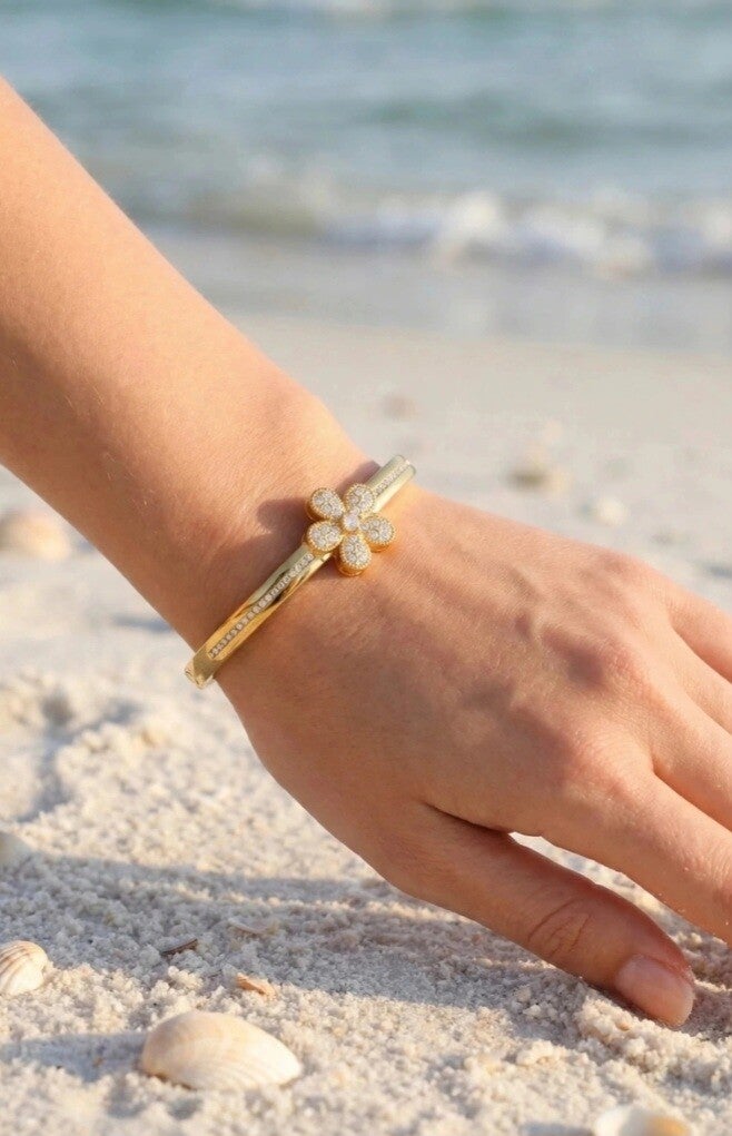 Bracelet Jonc Fleur Strass Doré ✨🌸💎