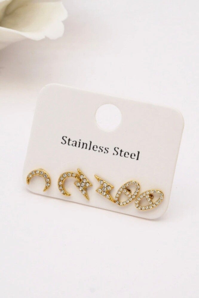 Lot de trois paires de boucles d'oreilles en acier inoxydable avec strass