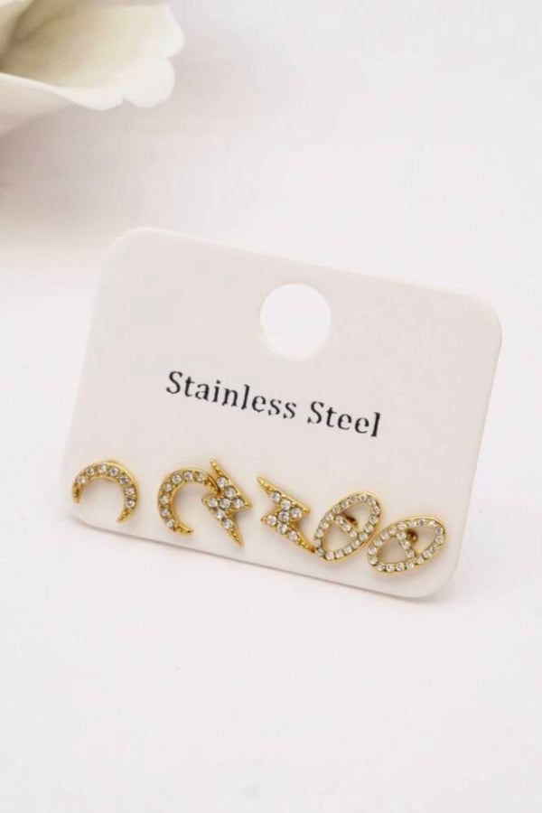 Lot de trois paires de boucles d'oreilles en acier inoxydable avec strass
