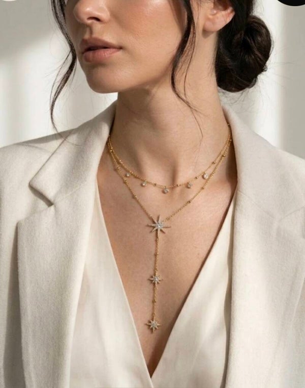 Collier Y multirang étoiles en cristal et acier inoxydable – Nuit Étincelante