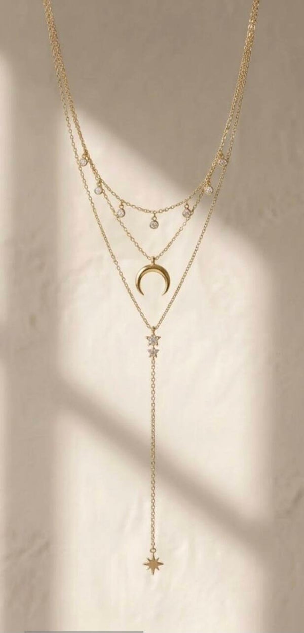 Collier multirang lune et étoiles en cristal et acier inoxydable – Rêve Céleste