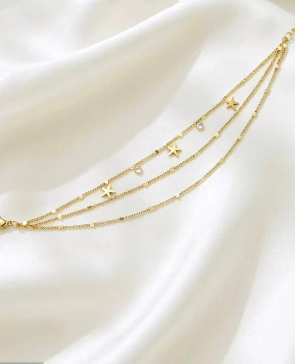Bracelet triple chaîne étoiles & strass acier inoxydable