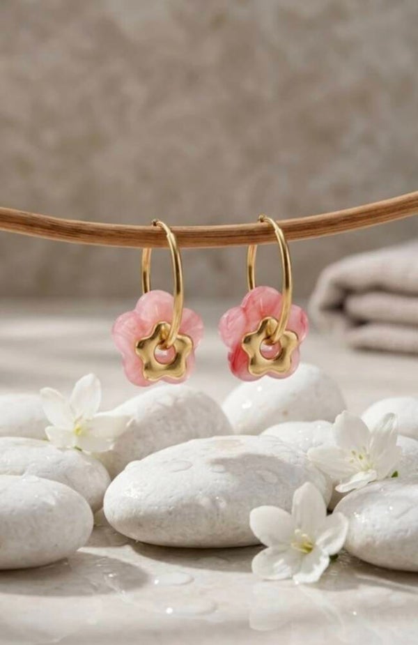 Boucles d’Oreilles Fleur Acier Inoxydable – Créoles Résine Colorée