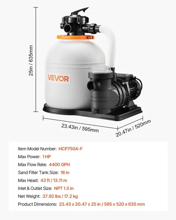 VEVOR 16 in. Sand Filter Pump for Above Ground Pools