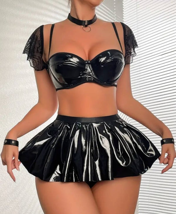 PU Leather Contrast Lace Lingerie Set