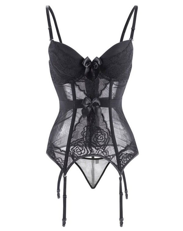 Black Basque with pattern detail & bows to the front suspenders & G String