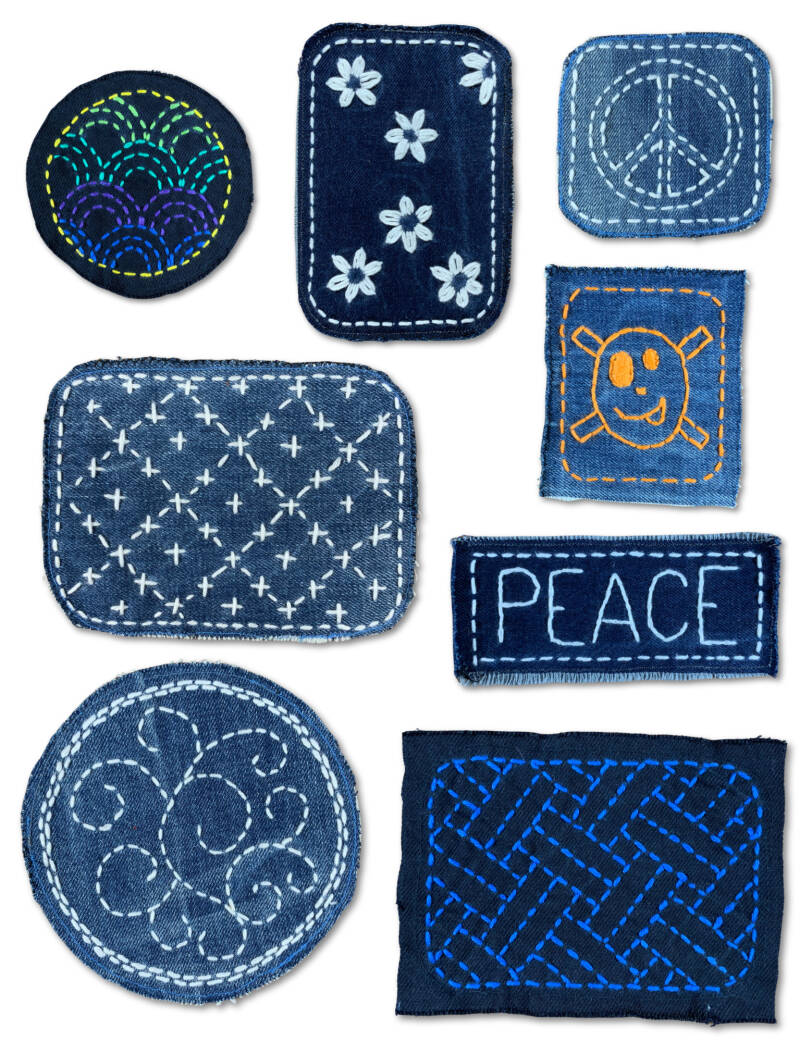 Hand-stitched upcycled denim sashiko sew-on patches for visible mending