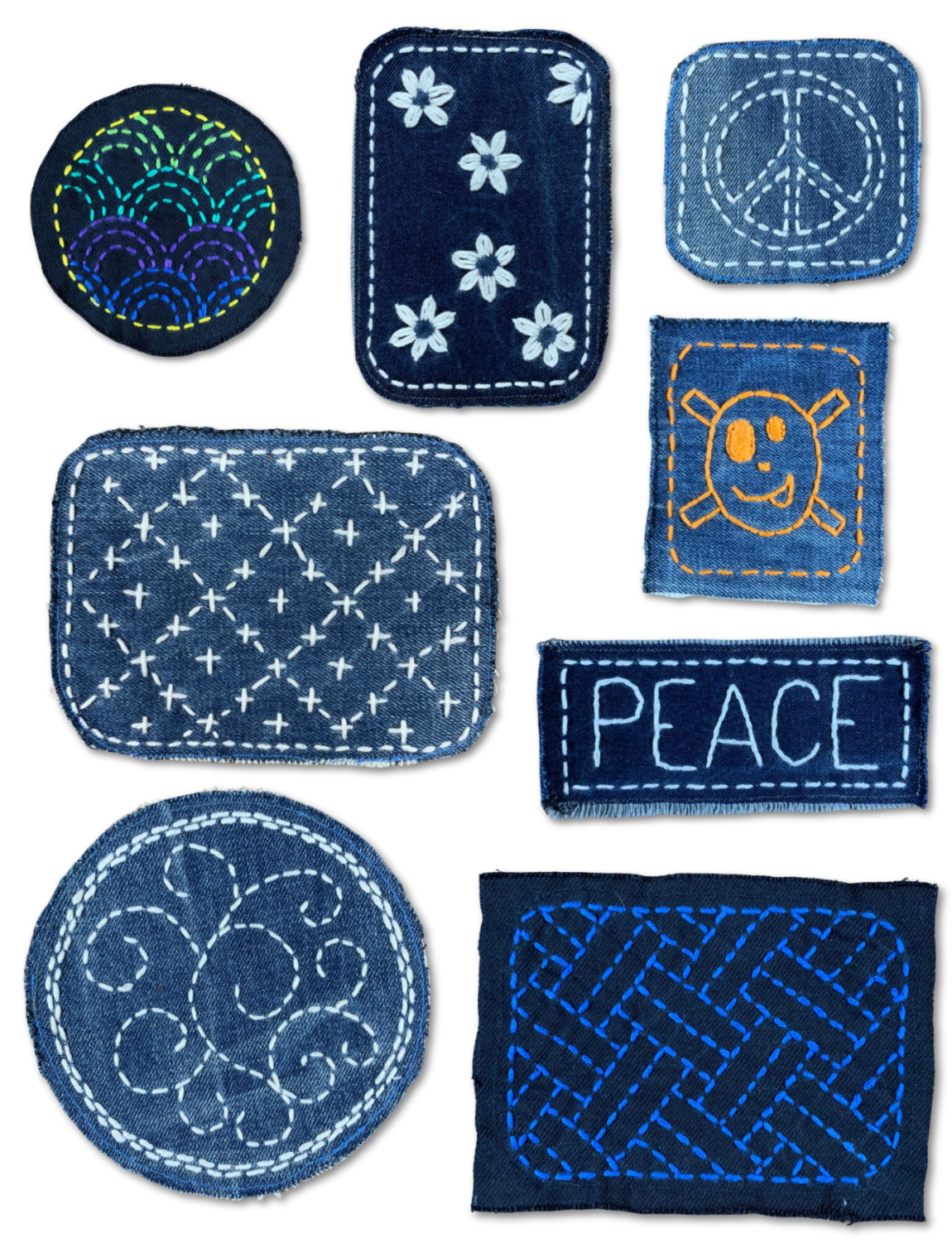 Hand-stitched upcycled sashiko denim sew-on patches for visible mending