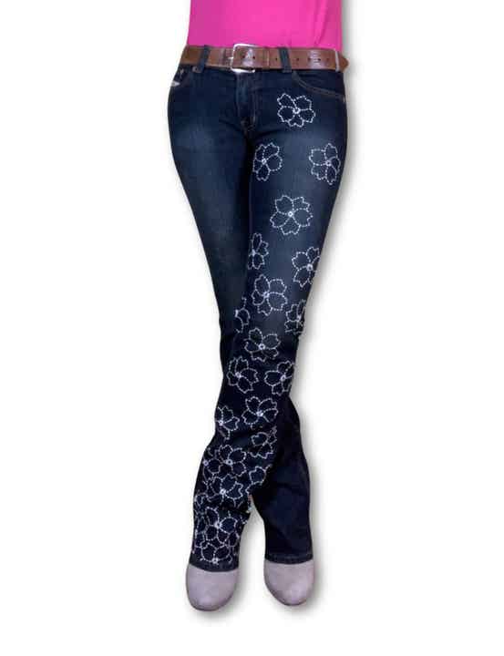 FLORA - Handstitched denim trousers with sashiko floral downpour