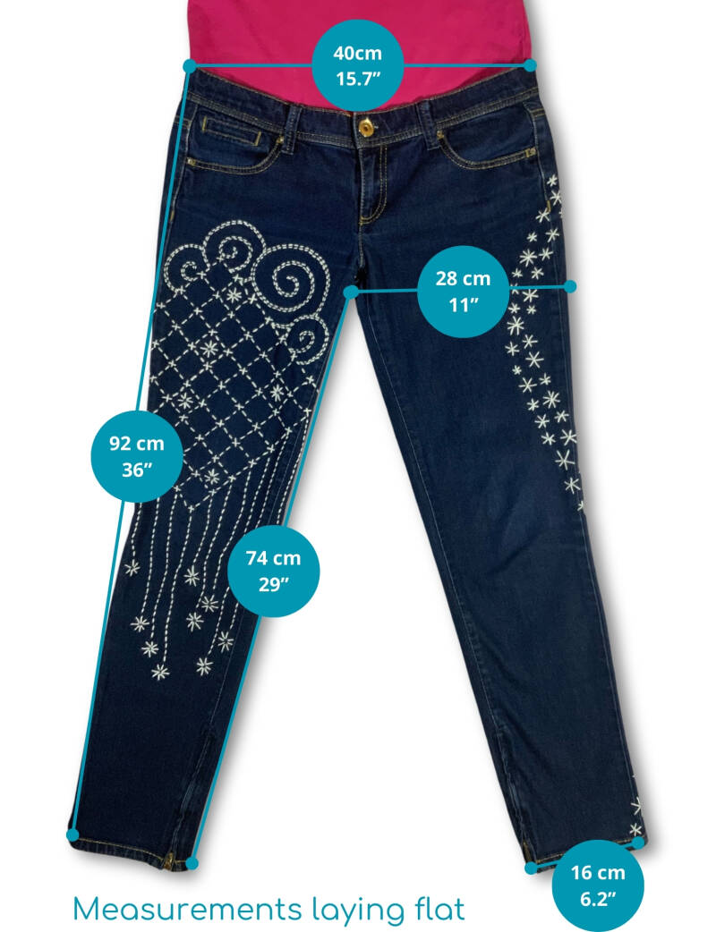 hand-embroidered upcycled denim trousers with Japanese Sashiko stitching