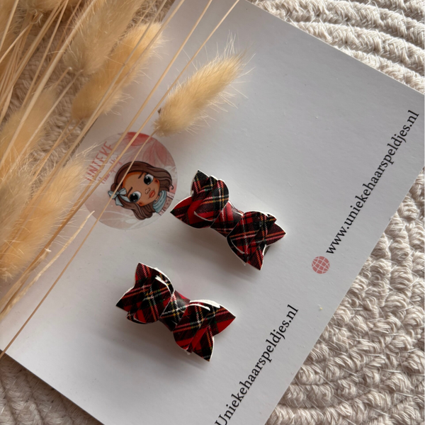 Setje van 2 mini kerst strikjes geruit 3cm