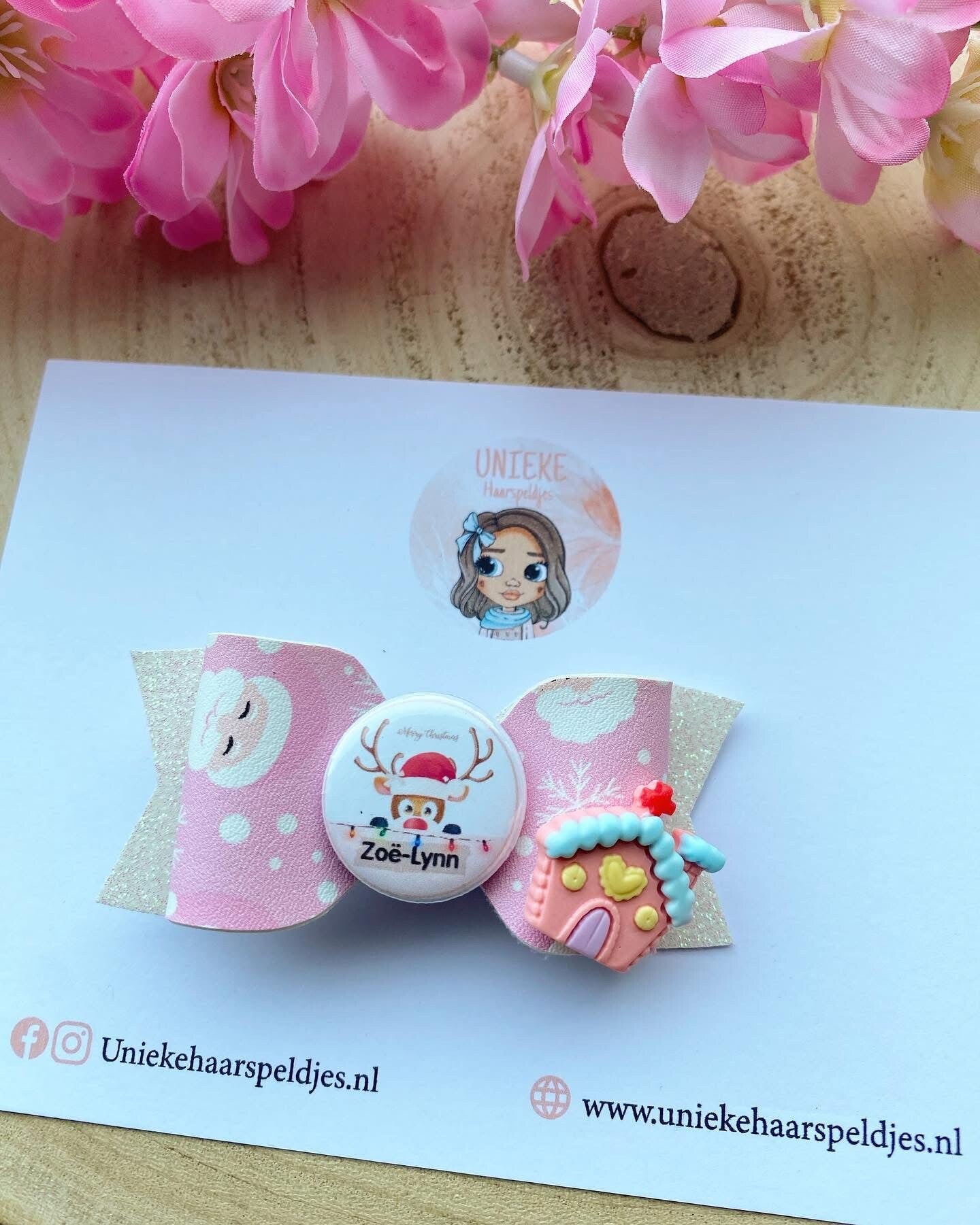 Glitter wit roze kerst strik met naam