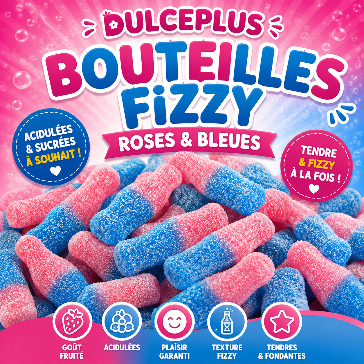 Dulceplus Bouteilles Fizzy bleues et roses