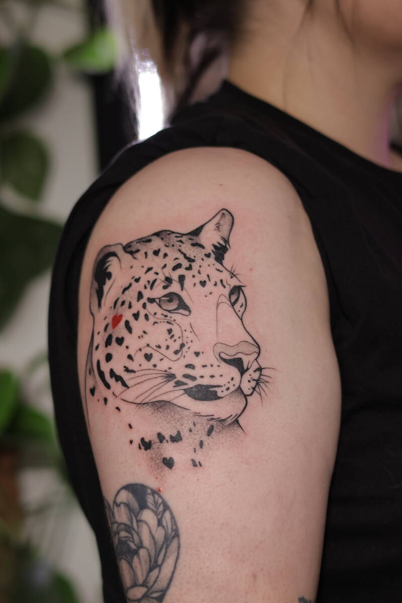 Fineline  Dotwork Tattoo eines leopardenkopfes mit rotem Herz-Detail