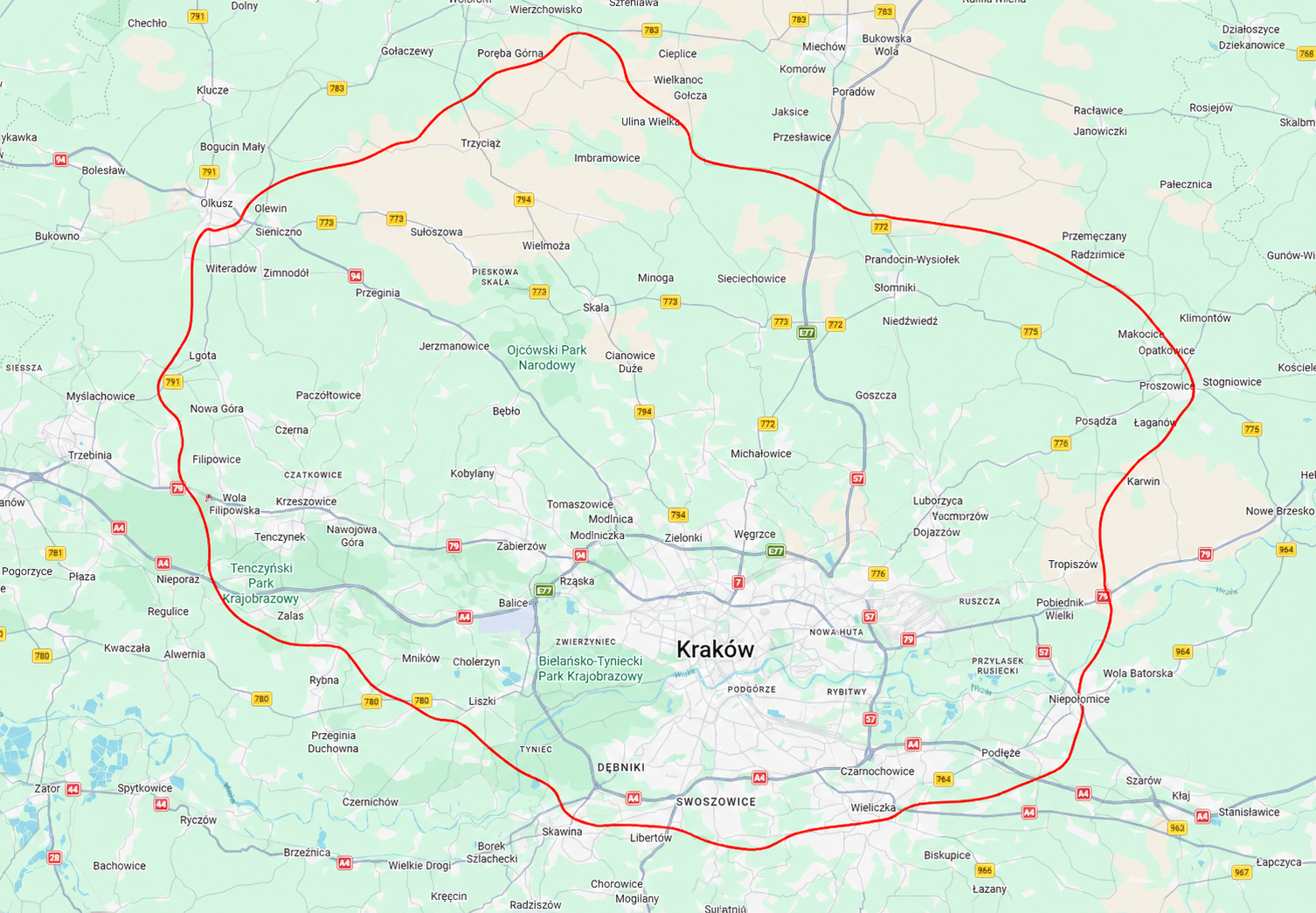 Obszar działania Mobilnego Serwisu AGD MSA – Kraków i okolice