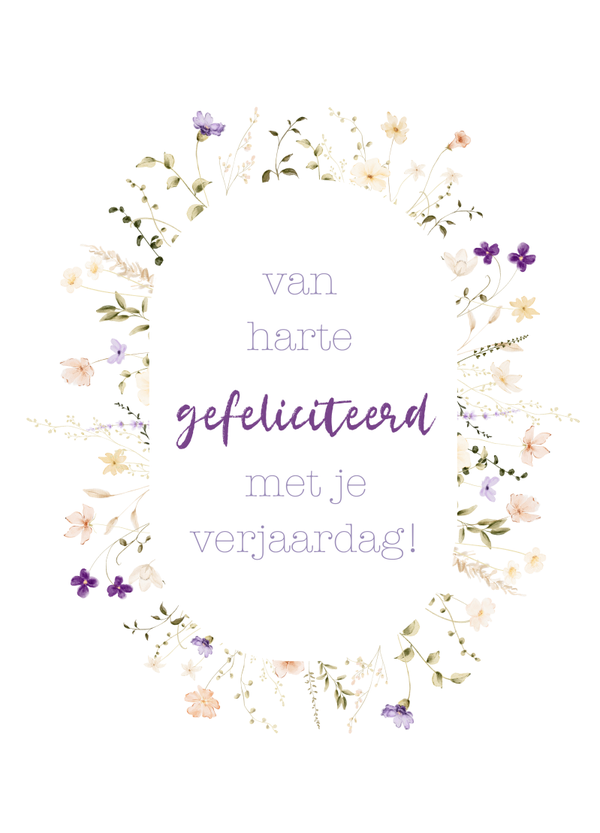 Felicitatie - bloemenrand paars