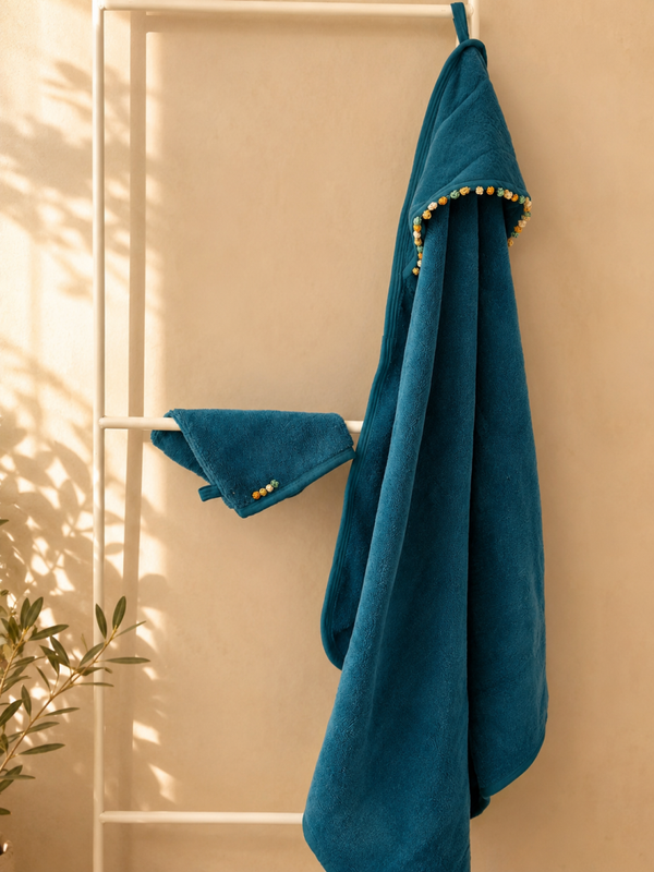 Baby badcape + washandje met Marokkaanse Le 3kad - Petrolblauw