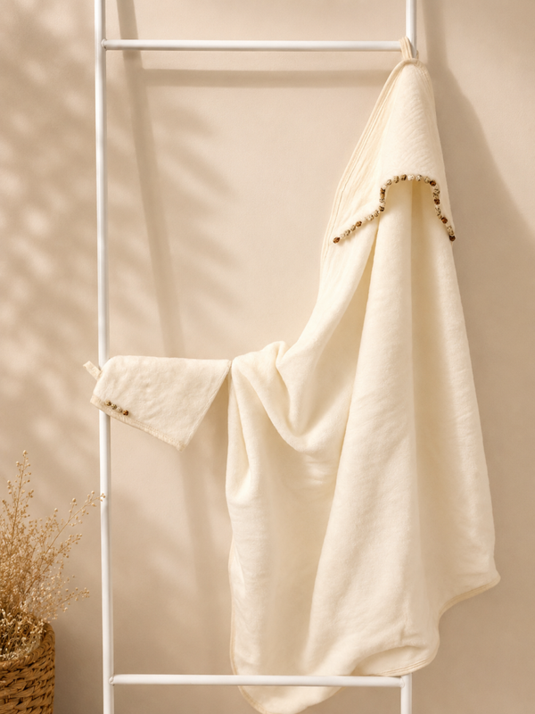 Zachte badcape + washandje met Marokkaanse knoopjes - Creme/Naturel
