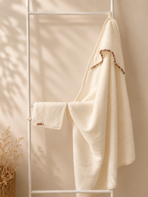 Zachte badcape + washandje met Marokkaanse knoopjes - Creme/Roze