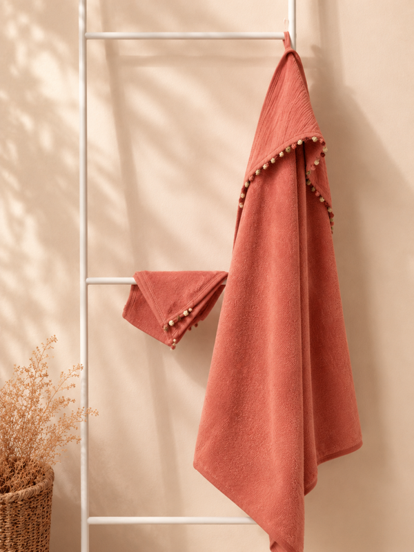 Baby badcape + washandje met Marokkaanse Le 3kad - Koraal roze