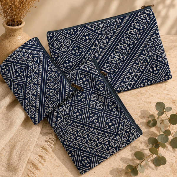 Marokkaanse Toilettasjes Set - Denimblauw/Wit (3-delig)