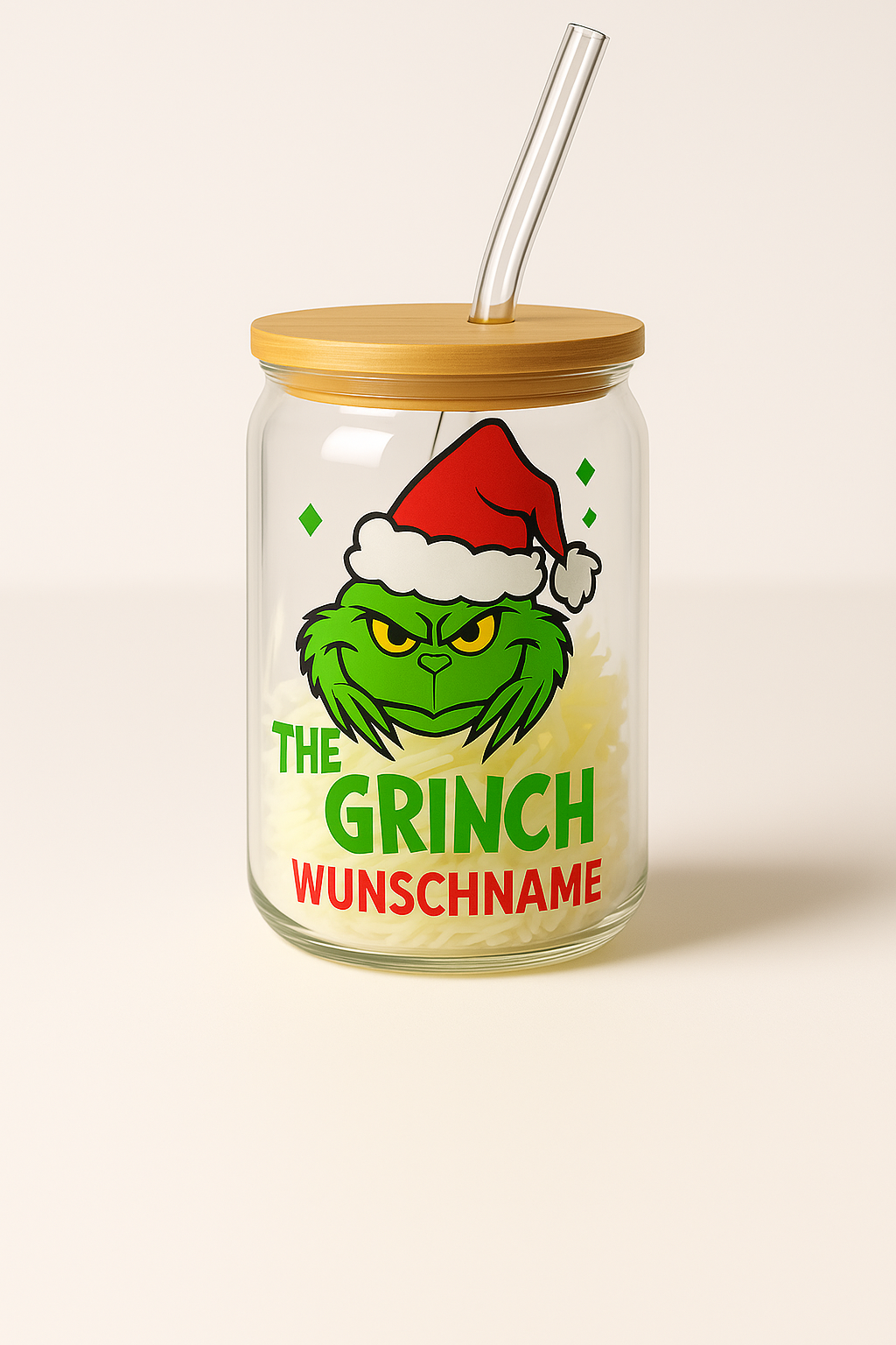 Personalisiertes Grinch-Glas mit Deckel und Strohhalm