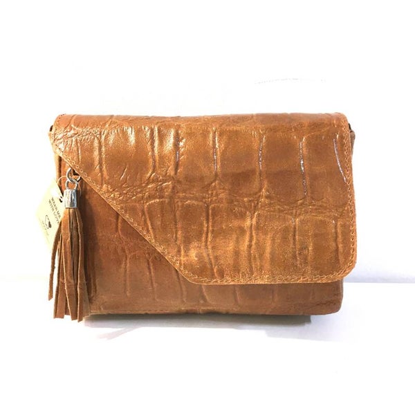 Leren schoudertasje + clutch cognac
