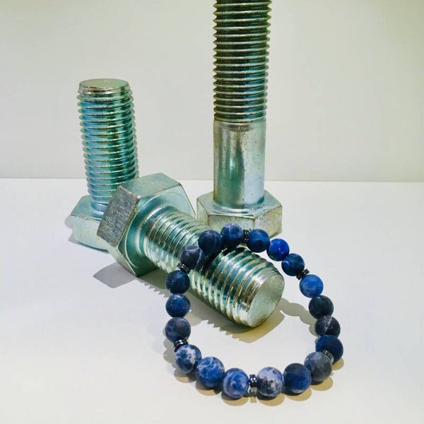 Stoere kralen armband blauwe natuursteen