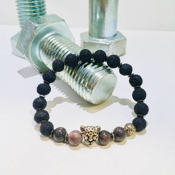 Stoere kralen armband tijger zwarte lava steen
