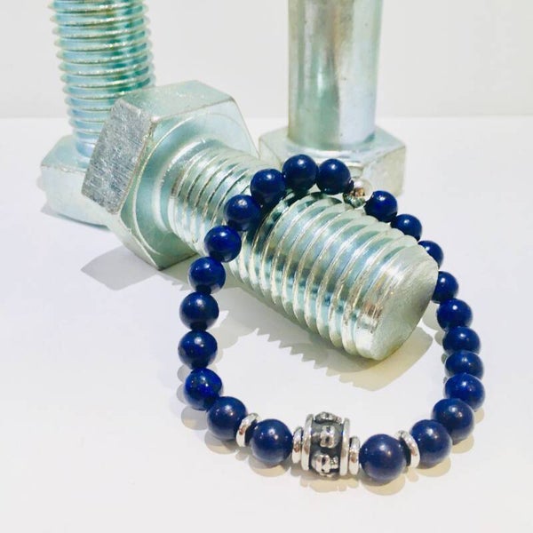 Stoere kralen armband blauwe natuursteen