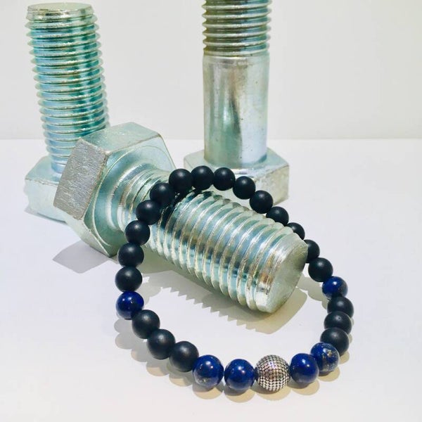 Stoere kralen armband blauwe natuursteen