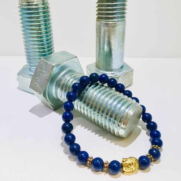 Stoere kralen armband blauw goud buddha