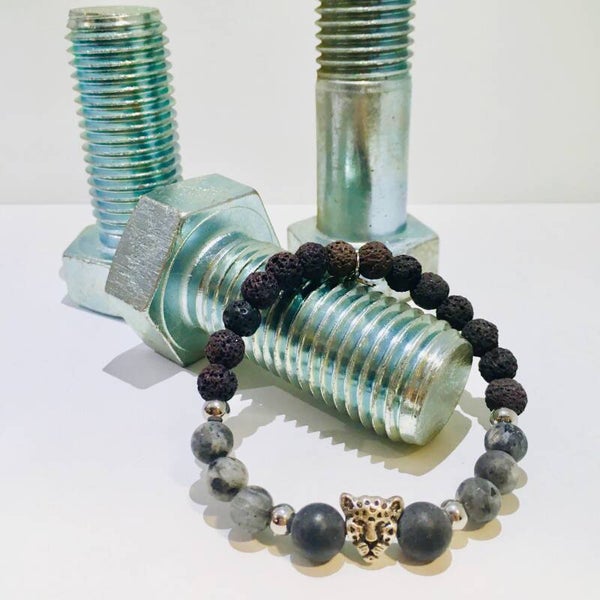 Stoere kralen armband tijger zwart grijs lava steen 