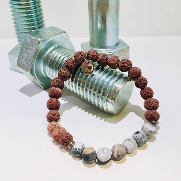 Stoere kralen armband bruine lava steen