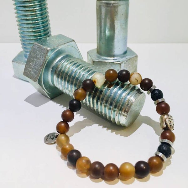 Stoere kralen armband bruine natuursteen buddha