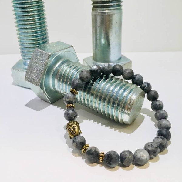 Stoere kralen armband bronzen buddha grijze natuursteen