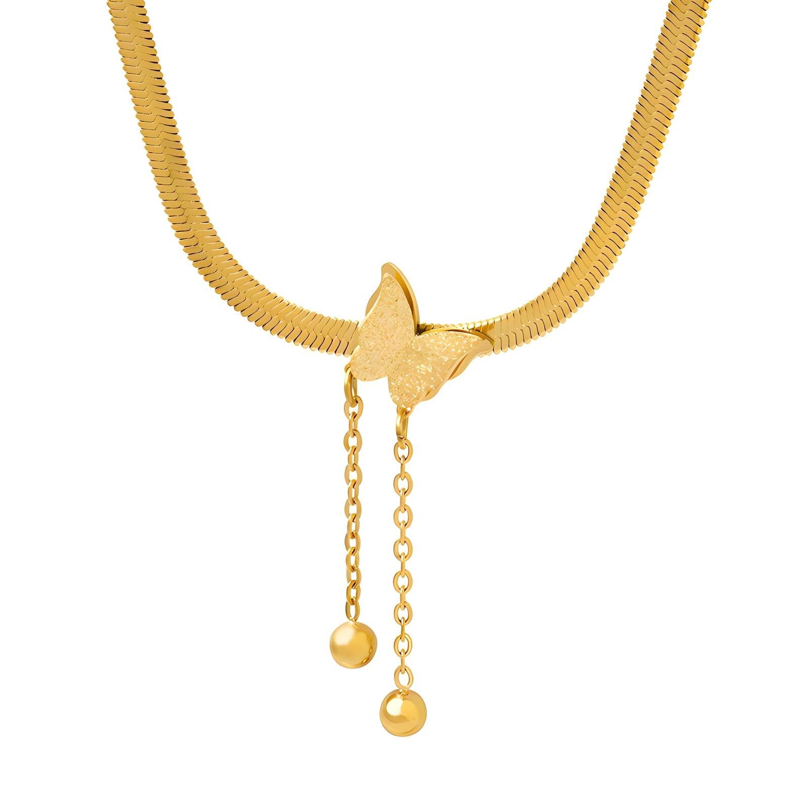 18K Gold Plated Stainless Steel "Butterfly with Balls" Necklace