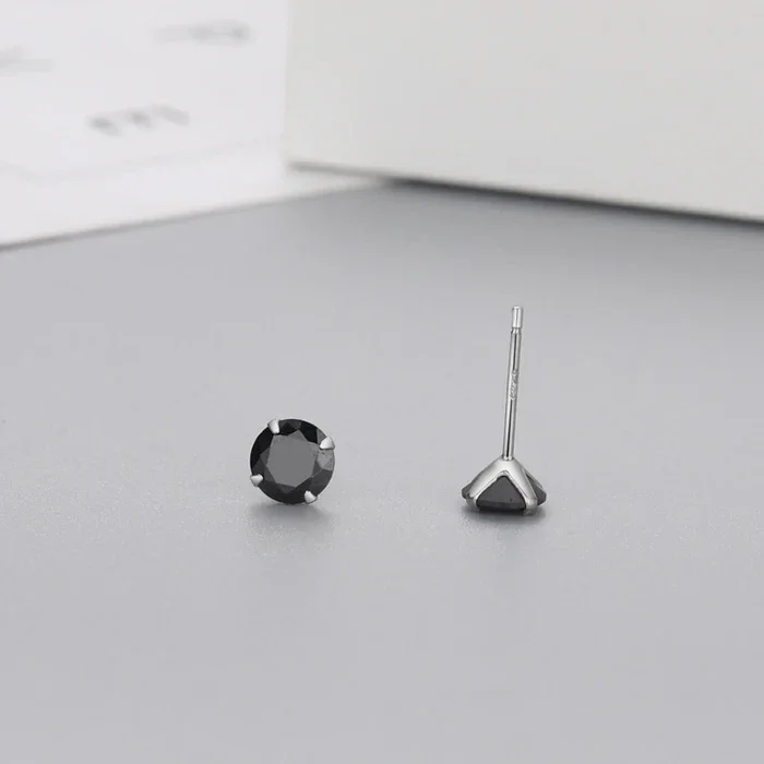 Minimalist Geometric Sterling Silver Zircon Ear Studs 1 Pair - Black (with Rubber Earplugs)|2mm Pair (S925 Sterling Silver)