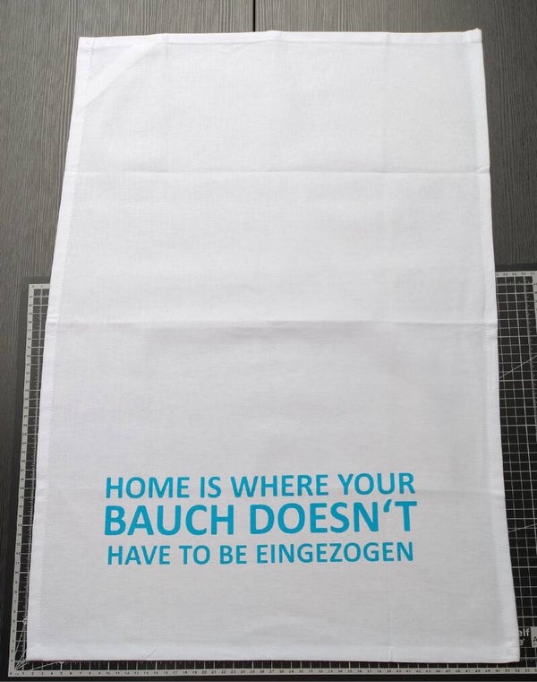 Geschirrtuch weiß, HOME IS WHERE YOUR BAUCH.... , blau