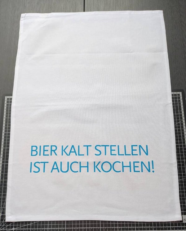 Geschirrtuch weiß, BIER KALT STELLEN IST AUCH KOCHEN, blau